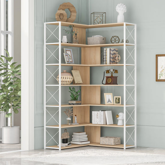 7-Tier Bookcase Home Office Bookshelf, L-Shaped Corner Bookcase with Metal Frame, Industrial Style Shelf with Open Storage, MDF Board - Groovy Boardz