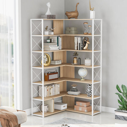 7-Tier Bookcase Home Office Bookshelf, L-Shaped Corner Bookcase with Metal Frame, Industrial Style Shelf with Open Storage, MDF Board - Groovy Boardz