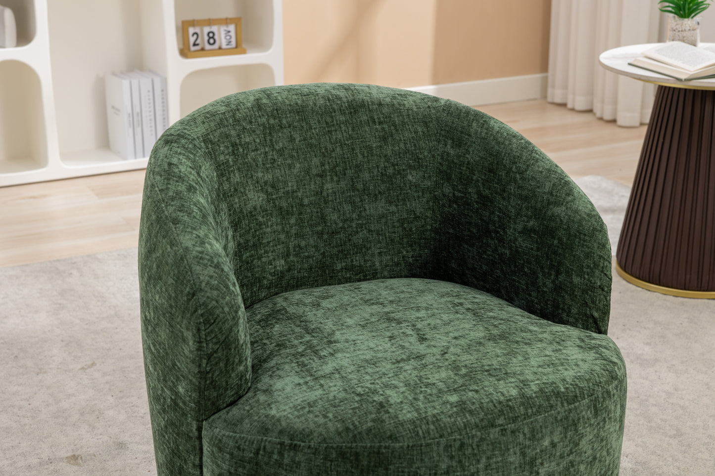 037-Chenille Fabric Swivel Accent Armchair Barrel Chair With Black Powder Coating Metal Ring,Green