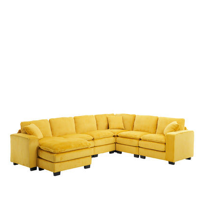 Modern U Shaped 6-seat Sectional Sofa Couch with one Ottoman and three toss pillows ,Modular Sofa for Living Room,Corduroy sofa