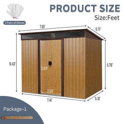 8ft x 6ft Outdoor Metal Storage with Lockable Sliding Doors and Transparent plate for Garden, Lawn (Coffee)