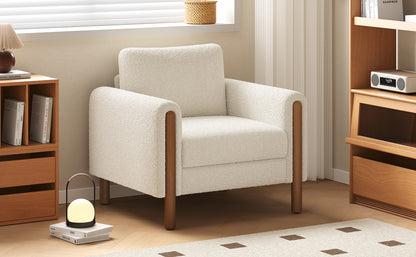 Oversized Accent Chair, Upholstered Living Room Chairs Single Sofa Chair with Walnut Legs, Curved handrail, White