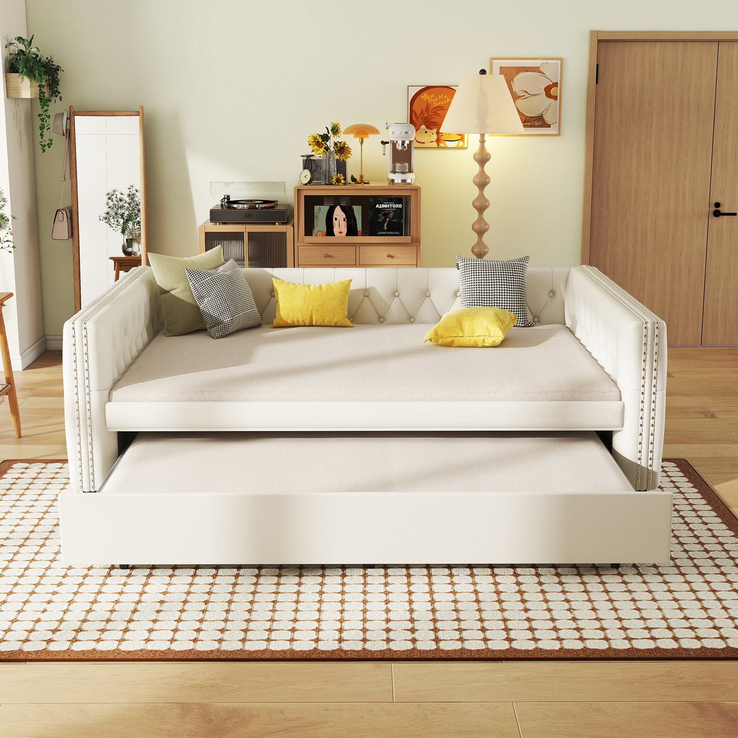 Full Size Daybed, Upholstered Tufted Sofa Bed with Trundle, Daybed with Button & Copper Nail on Square Arms, Full Daybed with Twin Trundle, White