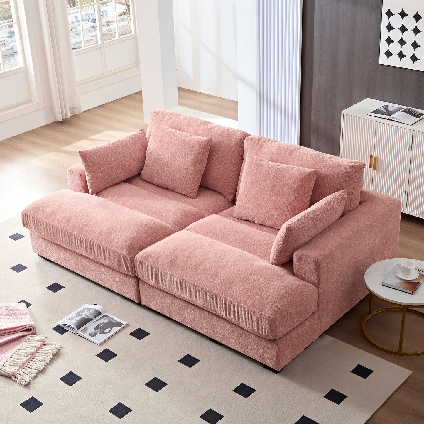 89.76 inch Double Sleeper Sofa Cloud Couch Soft Fluffy Fabric Upholstery with Square Armrests,Comfor Daybed with Over Wide Sofa Bed,Modern Beanbag for Living Room  Apartment,Pink