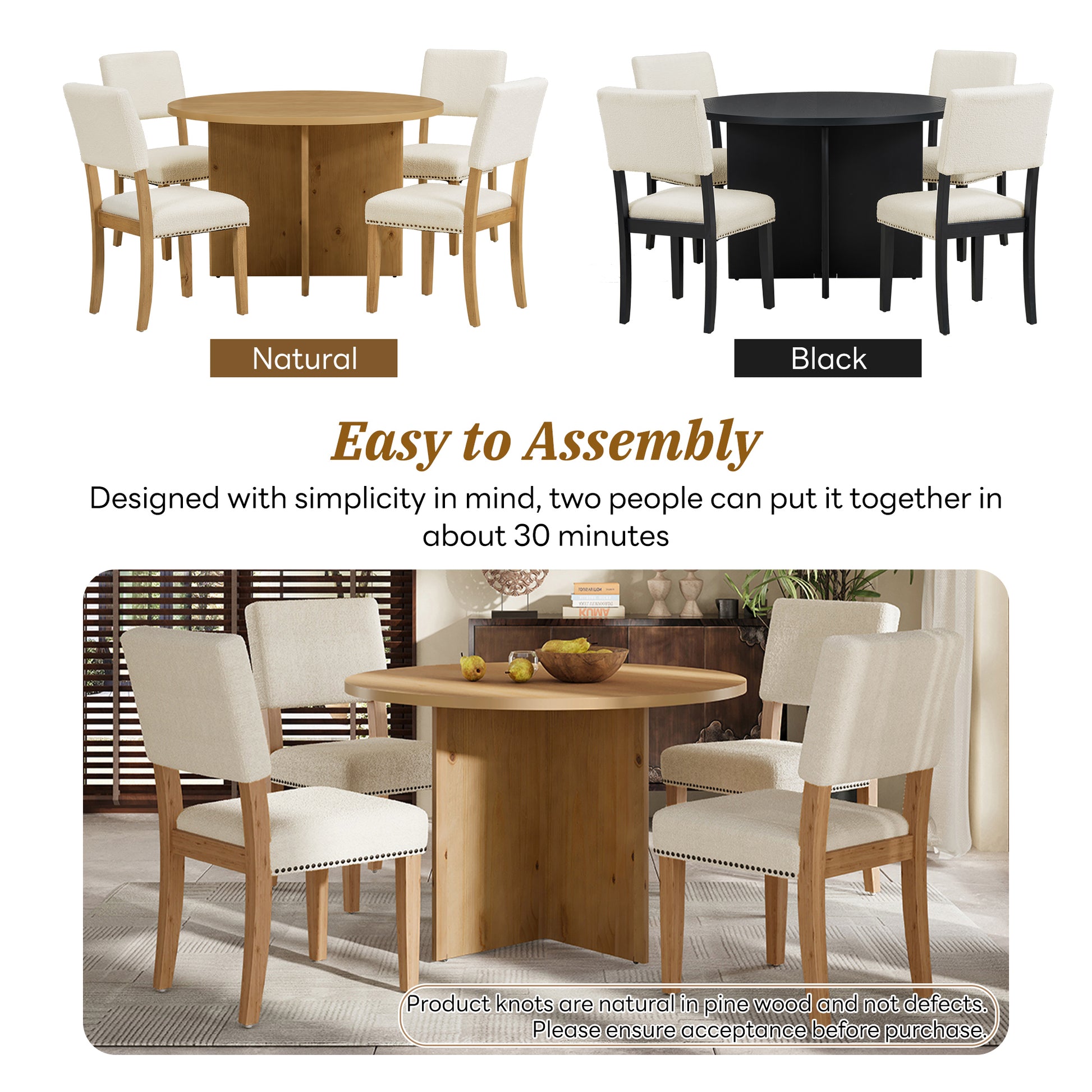 TOPMAX Modern 5-Piece Round Dining Table Set Pedestal Kitchen Table Set with 4 Upholstered Dining Chairs for Studio, Apartment, Small Places, Natural