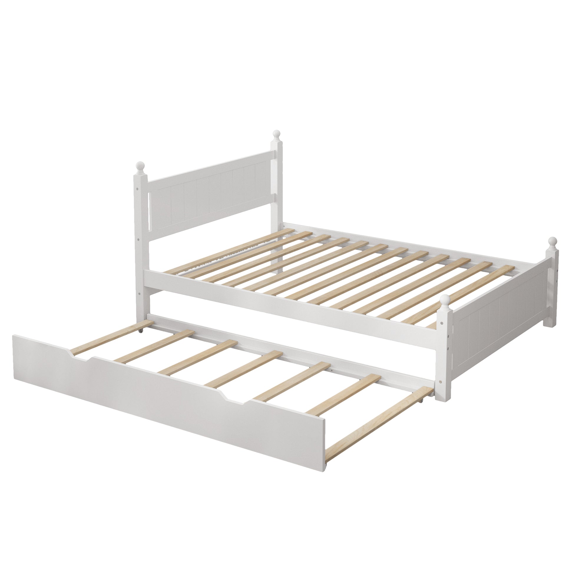 Full Size Solid Wood Platform Bed Frame with trundle for Limited Kids, Teens, Adults, No Need Box Spring, White