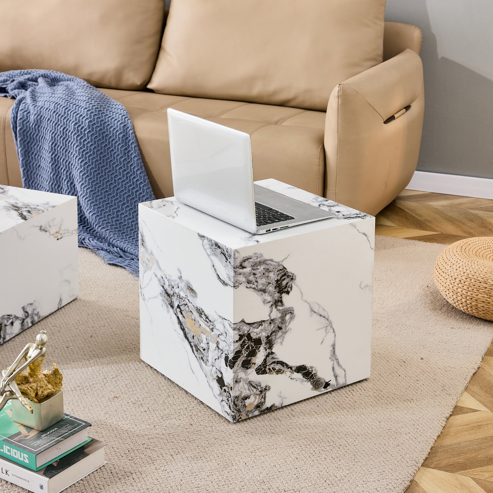 Modern white MDF+sticker material cube stylish texture design coffee table -15.75 inches