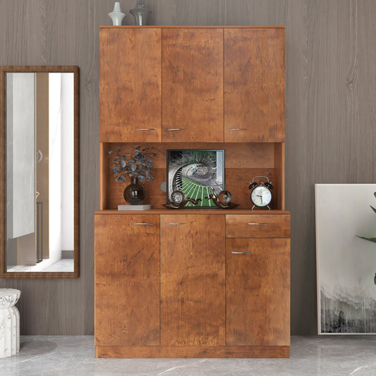 70.87" Tall Wardrobe& Kitchen Cabinet, with 6-Doors, -Open Shelves and -Drawer for bedroom,Walnut - Groovy Boardz