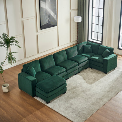 Modern U Shaped 6-seat Sectional Sofa Couch with one Ottoman and three toss pillows ,Modular Sofa for Living Room,Corduroy sofa