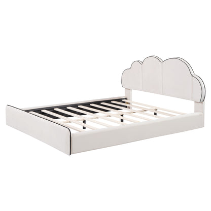 Queen size Upholstered Platform Bed with Cloud-shaped Headboard, Beige