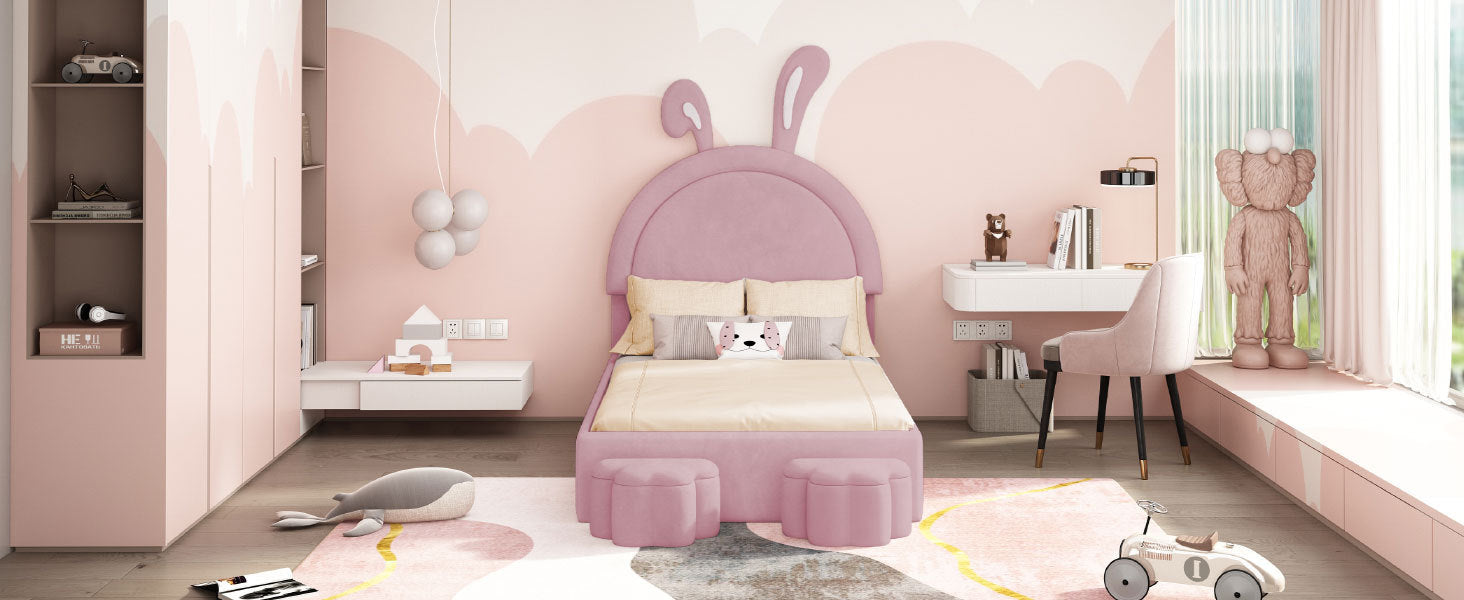 Twin size Upholstered Rabbit-Shape Bed with 2 Storage Stools, Velvet Platform Bed with Cartoon Ears Shaped Headboard, Pink