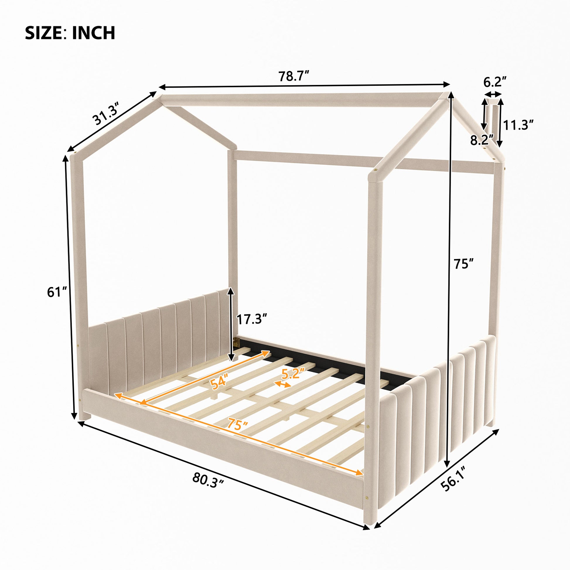 Full Size Velvet House Bed Wood Bed, Beige