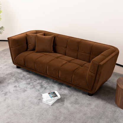 WKS13 Mid-century modern style: camel sofa simple, small square design, velvet fabric texture smooth, retro fashion, solid wood feet, 2 people design