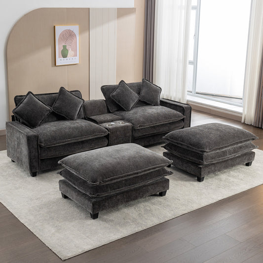 112.6" Sectional Sofa Chenille Upholstered Sofa with Two Removable Ottoman, Two USB Ports, Two Cup Holders and Large Storage Box for Living Room, Black