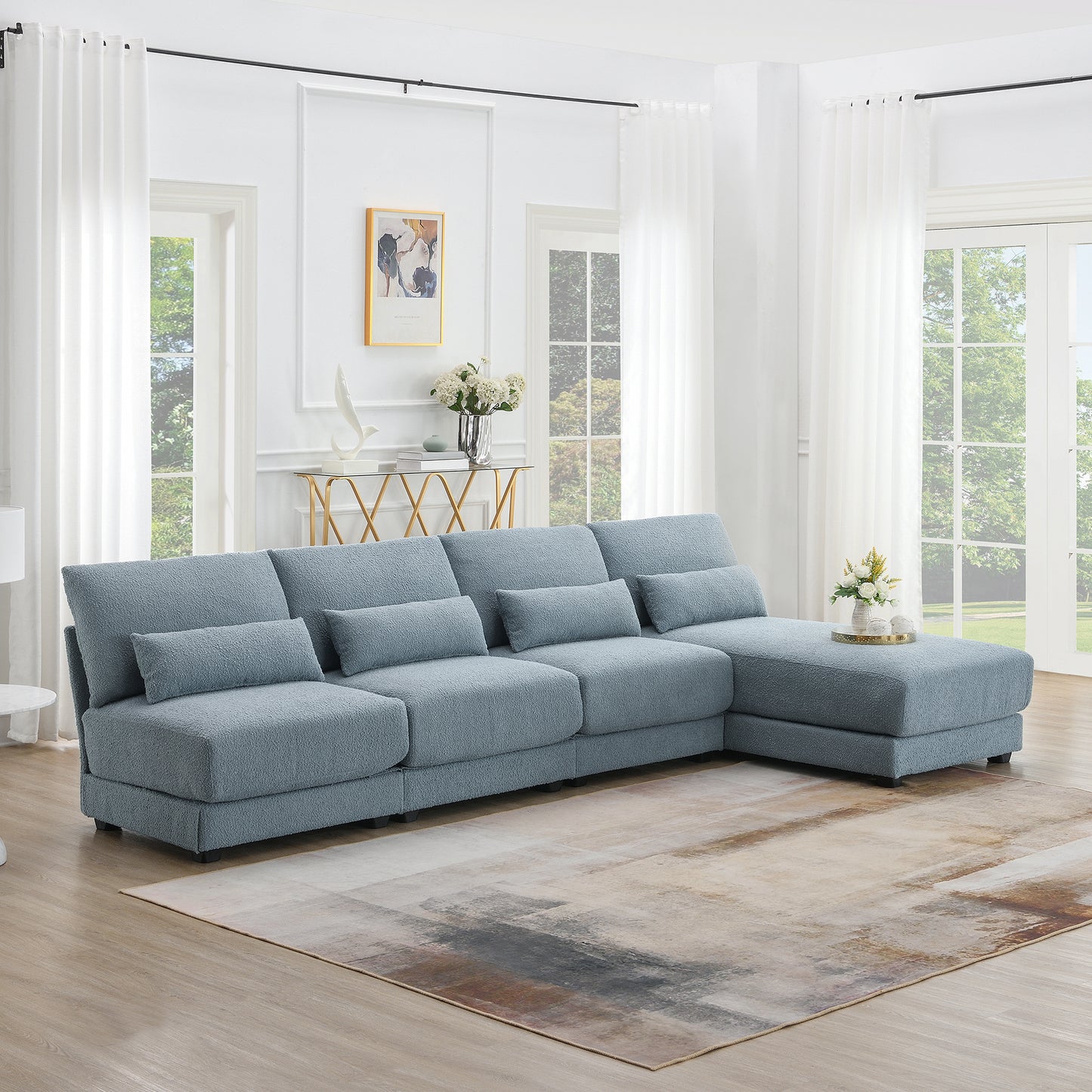 [VIDEO provided][New]120*61" Oversized Deep Seat Sectional Sofa with Reversible Chaise,Loop Yarn Fabric 5-seat Armless Indoor Furniture,Convertible L-shaped Couch for Living Room,Apartment,3 Colors