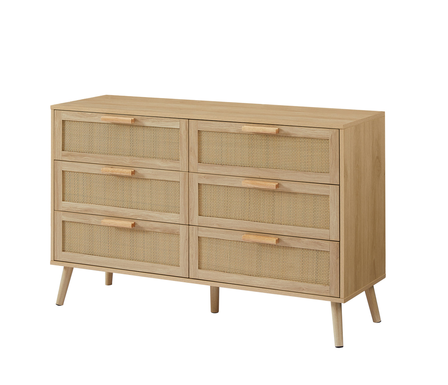 Bedroom dresser, 6 Double Dresser with rattan drawers, wood chest of drawers for kids room, living room, entry and hallway, Natural, 47.2'' W x 15.8'' D x 30'' H.