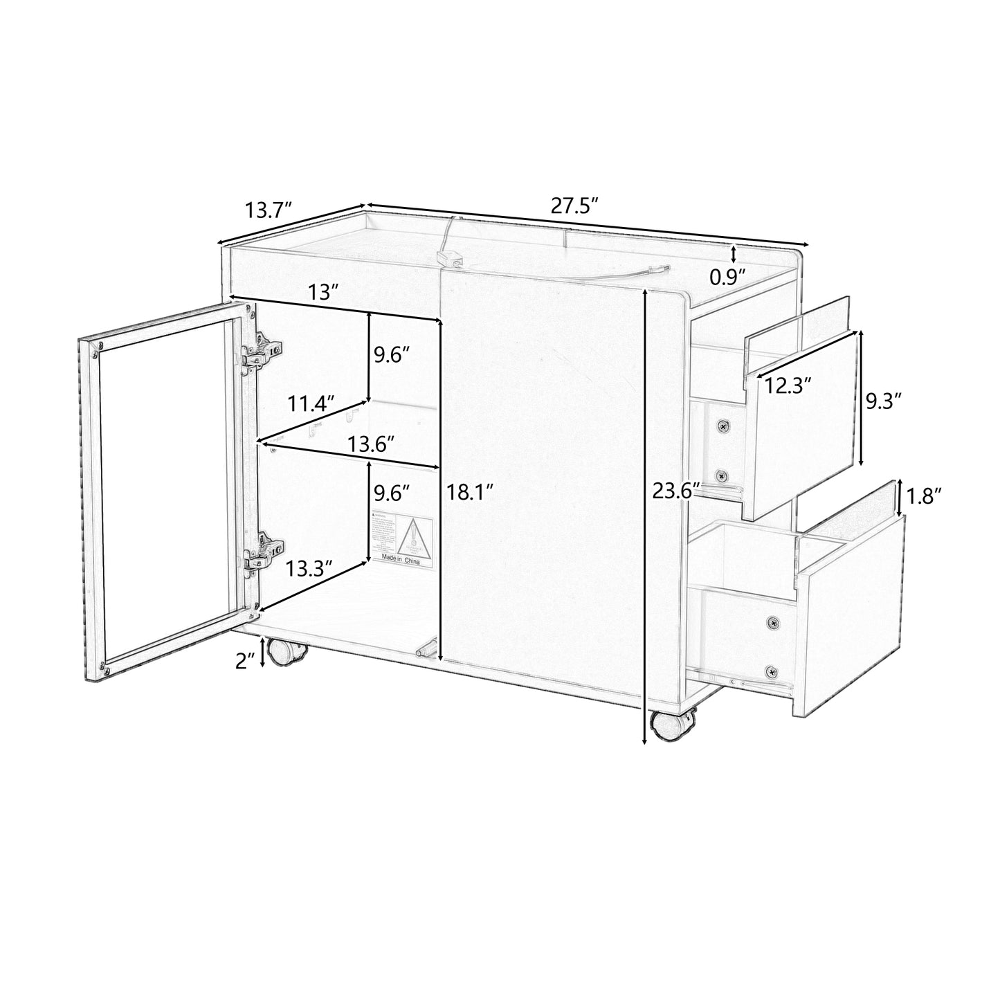 U-Can Modern End Table with LED light and Wheels, Side Table with Transparent Brown Glass Door, 2 Storage Shelves and Drawers for Living Room, White, Bedside Table