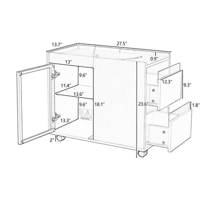 U-Can Modern End Table with LED light and Wheels, Side Table with Transparent Brown Glass Door, 2 Storage Shelves and Drawers for Living Room, White, Bedside Table