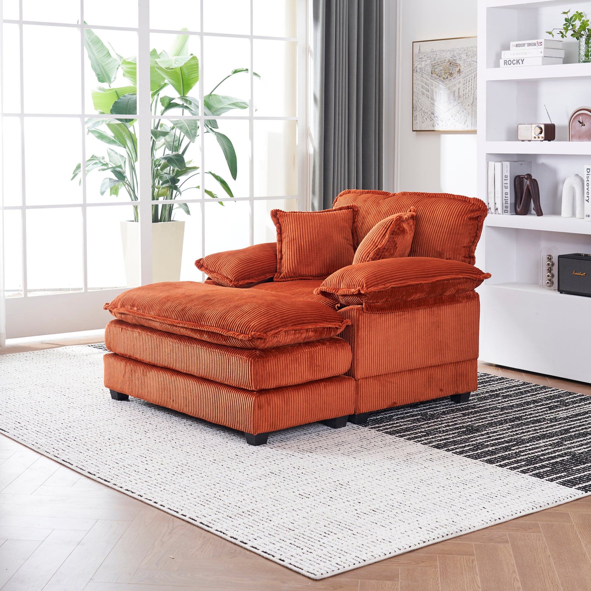 56.3 Inch Corduroy single sofa With  2 toss pillows and a ottoman ,Comfy Sofa- Deep Seat Couch for Living Room