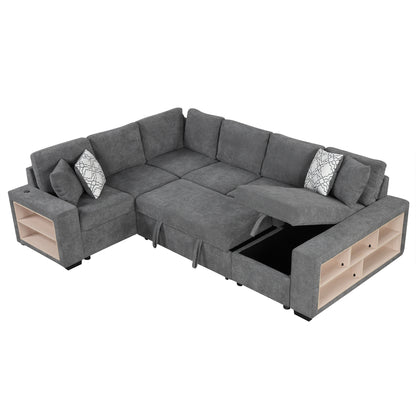 109" U-shaped Sectional Sofa Pull-out Sofa Bed with Two USB Ports, a Storage Chaise Lounge and Four Back Pillows for Living Room, Grey