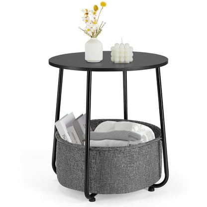 Small Round Side End Table for Living Room, Modern Nightstand Bedside Table with Fabric Basket for Bedroom Nursery, Side Table with Steel Frame - Black & grey