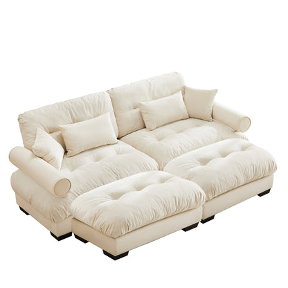 Over Size Modern Two-seater Sofa with Ottoman, Velvet 2-Seater with Round Bolster Armrests,With Waist Pillow and Throw Pillows,Reading Room , Loft and Bedroom,Cream