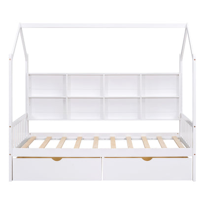 Wooden Twin Size House Bed with 2 Drawers,Kids Bed with Storage Shelf, White