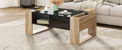 ON-TREND High Glossy Coffee Table with 2 Drawers, Practical Two Tone Center Table with Hidden Compartments, Rectangle Cocktail Table with Open Storage Shelf for Living Room, Bedroom, Black, 41.3*23.6"