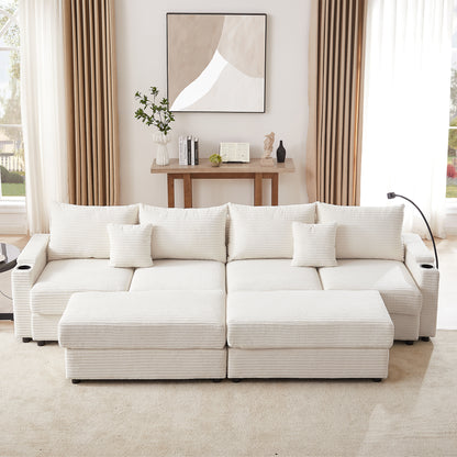 123.2" Modern Style 4-seater Sofa Sectional Sofa Couch with Storage Space, Two Movable Ottomans, Two USB Ports, Two Cup Holders, A Phone Holder for Living Room, Beige