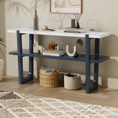 TREXM Retro Elegant Console Table with Marble-Effect Top and Versatile Storage Solutions for Entryway and Living Room (Navy)