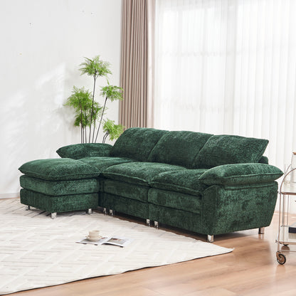 Modern Deep 3-Seat Sofa Couch with Ottoman, Polyester Sofa Sleeper Comfy Upholstered Furniture for Living Room, Apartment, Studio, Office, Green