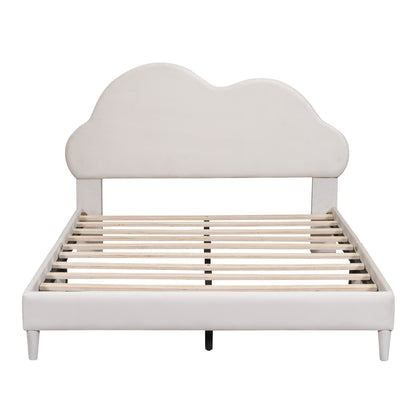 Full size Upholstered Cloud-Shape Bed ,Velvet Platform Bed with Headboard,No Box-spring Needed,Beige