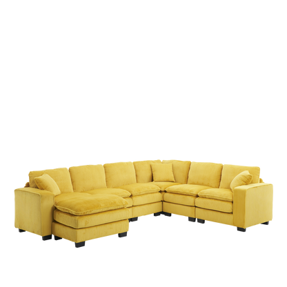 Modern U Shaped 6-seat Sectional Sofa Couch with one Ottoman and three toss pillows ,Modular Sofa for Living Room,Corduroy sofa