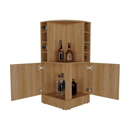 Jakes 42" Tall Corner Bar Cabinet with Eight Wine Bottle Cubbies and Double Door cabinet, Living Room, Liquor Cabinet, Storage Cabinet Light Oak