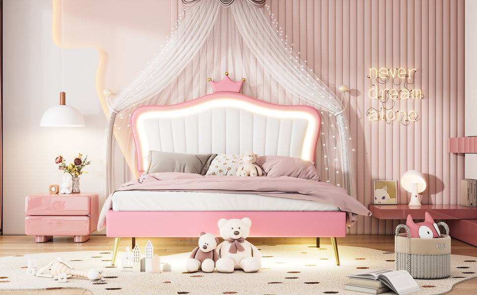 Queen Size Upholstered Bed Frame with LED Lights,Modern Upholstered Princess Bed With Crown Headboard,White+Pink