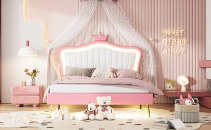 Queen Size Upholstered Bed Frame with LED Lights,Modern Upholstered Princess Bed With Crown Headboard,White+Pink