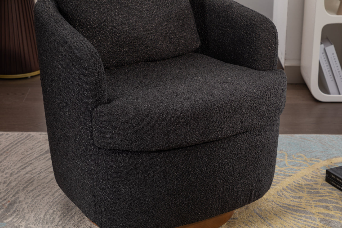 035-Boucle Fabric Swivel Accent Chair With Soild Wood Round Brown Base Leg,Black