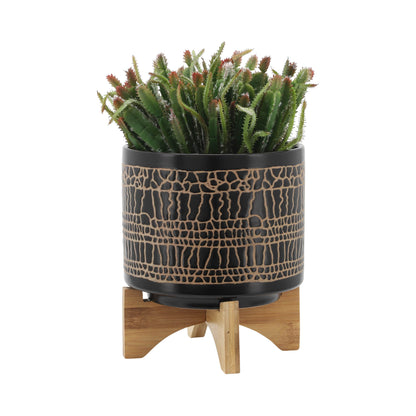 S/2 5/8" GLAZED PLANTER W/ STAND, BLACK