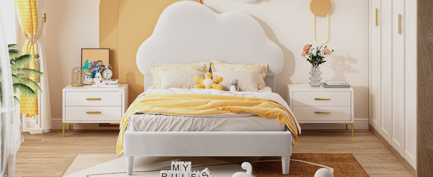 Twin Size Upholstered Cloud-Shape Bed ,Velvet Platform Bed with Headboard,No Box-spring Needed,Beige