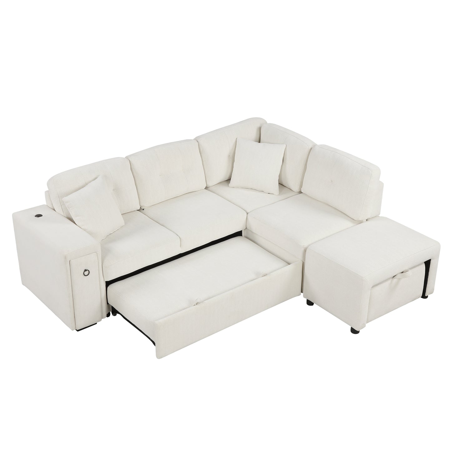 86.6" Sectional Sofa L-shaped Sofa Couch Pull-out Sofa Bed with a Movable Ottoman, Two USB Ports  and Two Cup Holders for Living Room, Beige