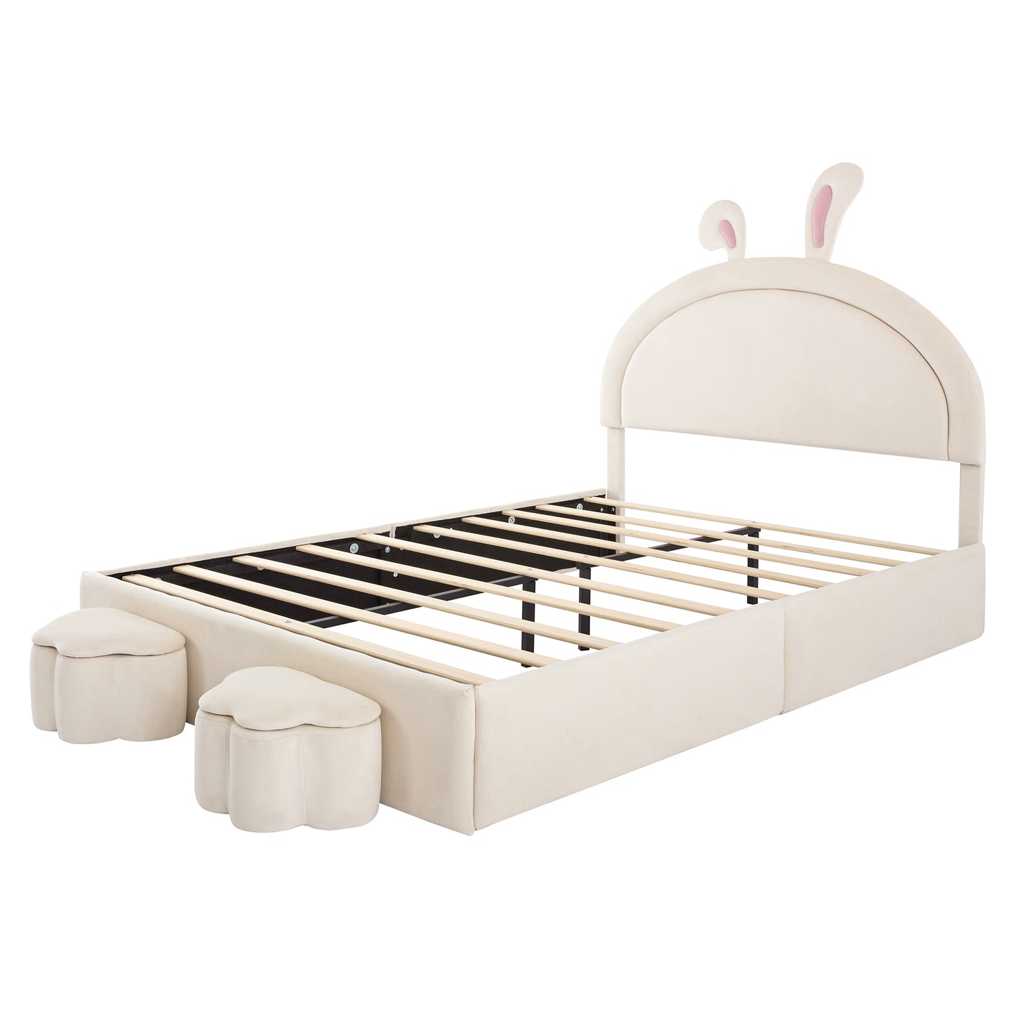 Full size Upholstered Rabbit-Shape Bed with 2 Storage Stools, Velvet Platform Bed with Cartoon Ears Shaped Headboard, White