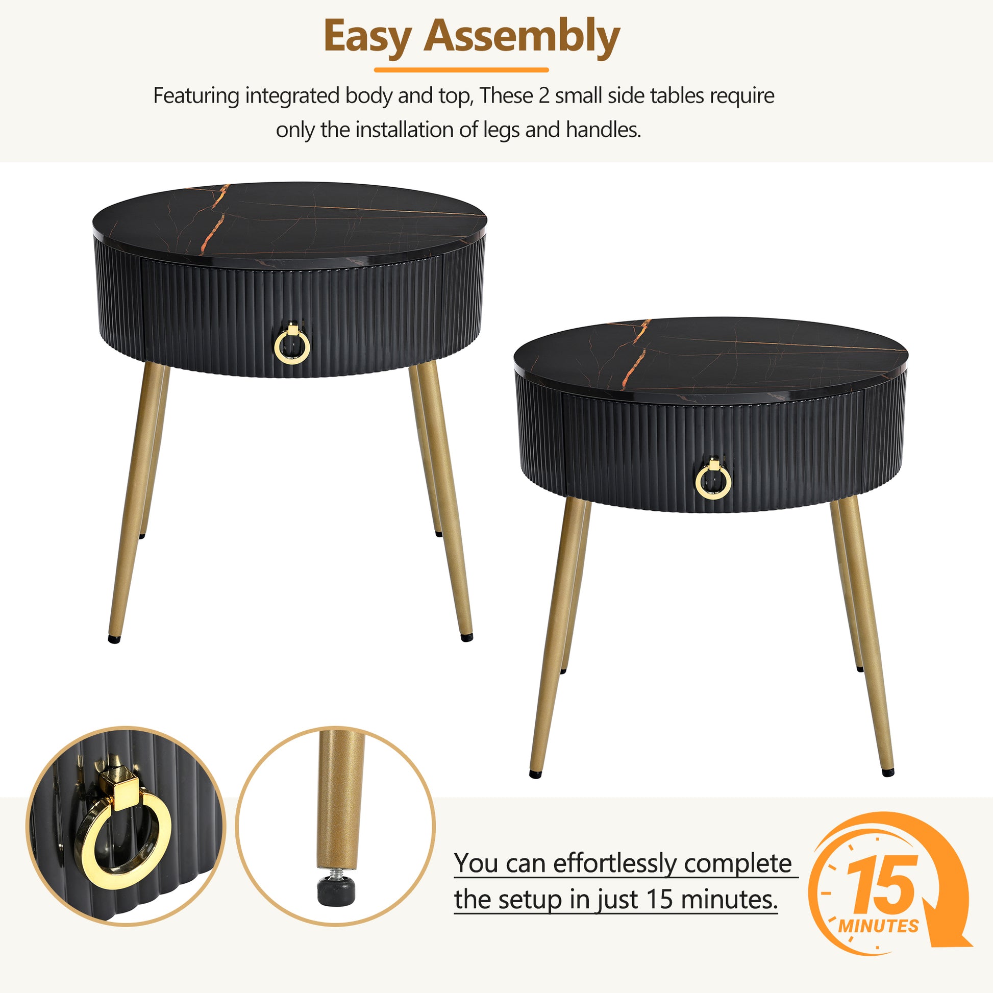 ON-TREND Φ19.6'' Easy Assembly End Tables with High Gloss Faux Marble Tabletops, Set of 2, Modern Fluted 2 Side Tables with Drawers, Round Coffee Tables with Golden Legs for Living Room, Black