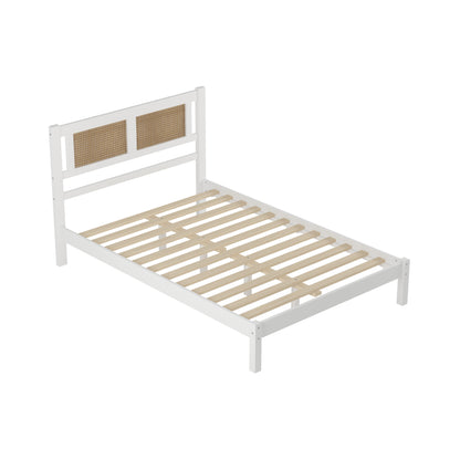 Full Size Wooden Platform Bed with Natural Rattan Headboard, Exquisite Elegance with Minimalist Charm for Bedroom, White