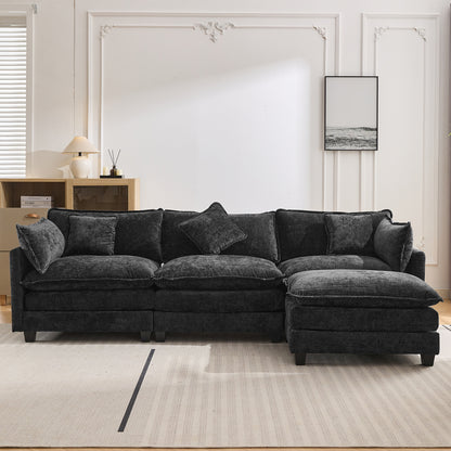 112.2" L-Shape Chenille Upholstered Sofa for Living Room Modern Luxury Sofa Couch with Ottoman and 5 Pillows for Living Room (SG001160AA), Black