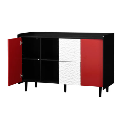 Sideboard Buffet Cabinet, Black Storage Cabinet with Red Doors , 2 Drawers with unique panel styling and 2 Open Storage Compartment, Modern Coffee Bar Cabinet Accent Cabinet for Kitchen, Dining Room,