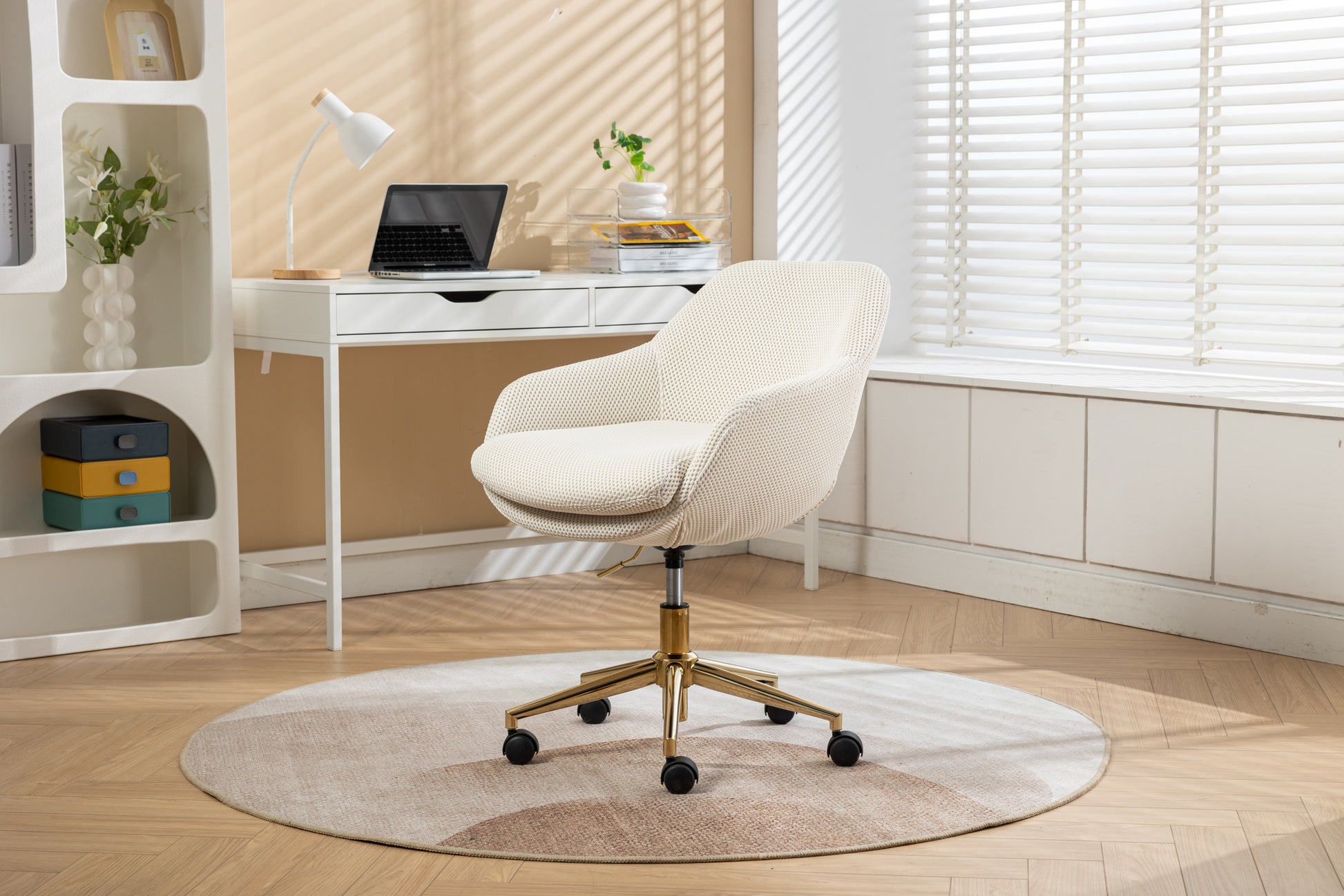 046-Mesh Fabric Home Office 360°Swivel Chair Adjustable Height With Gold Metal Base,Beige