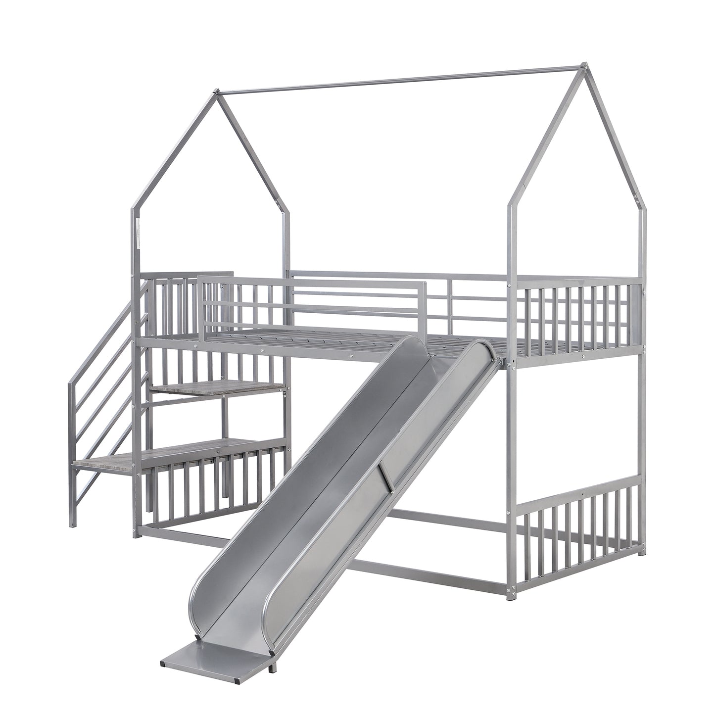 Twin over Twin Metal Bunk Bed House Bed with Slide and Staircase, Silver