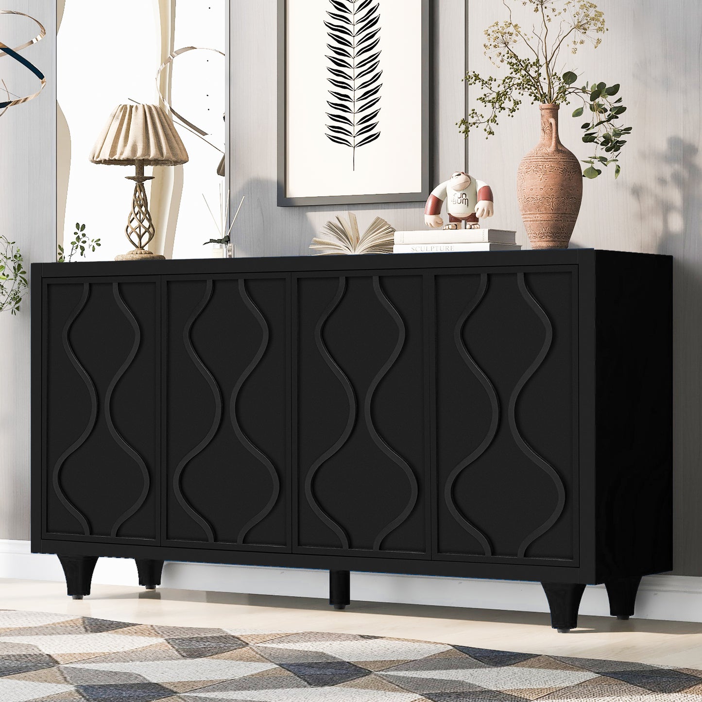 U_STYLE Stylish Storage Cabinet Sideboard Wooden Cabinet with Embossed Curved Doors,Suitable for Living Rooms, Entrance and Study Rooms