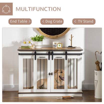 PawHut Dog Crate Furniture with Divider, Dog Crate End Table for Small to Large Dogs, Large Indoor Dog Kennel with Double Doors, 47"W x 23.5"D x 35"H, White