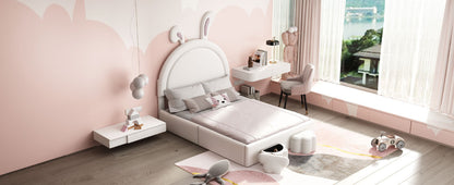 Full size Upholstered Rabbit-Shape Bed with 2 Storage Stools, Velvet Platform Bed with Cartoon Ears Shaped Headboard, White